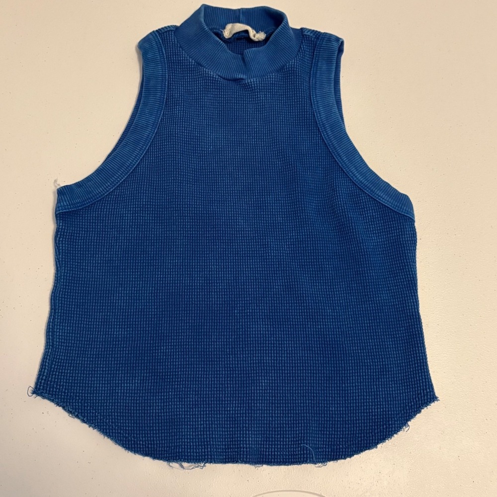 LaBiz Blue Waffle Knit Mock Neck Tank Top Sleeveless Thermal Raw Hem Medium f5